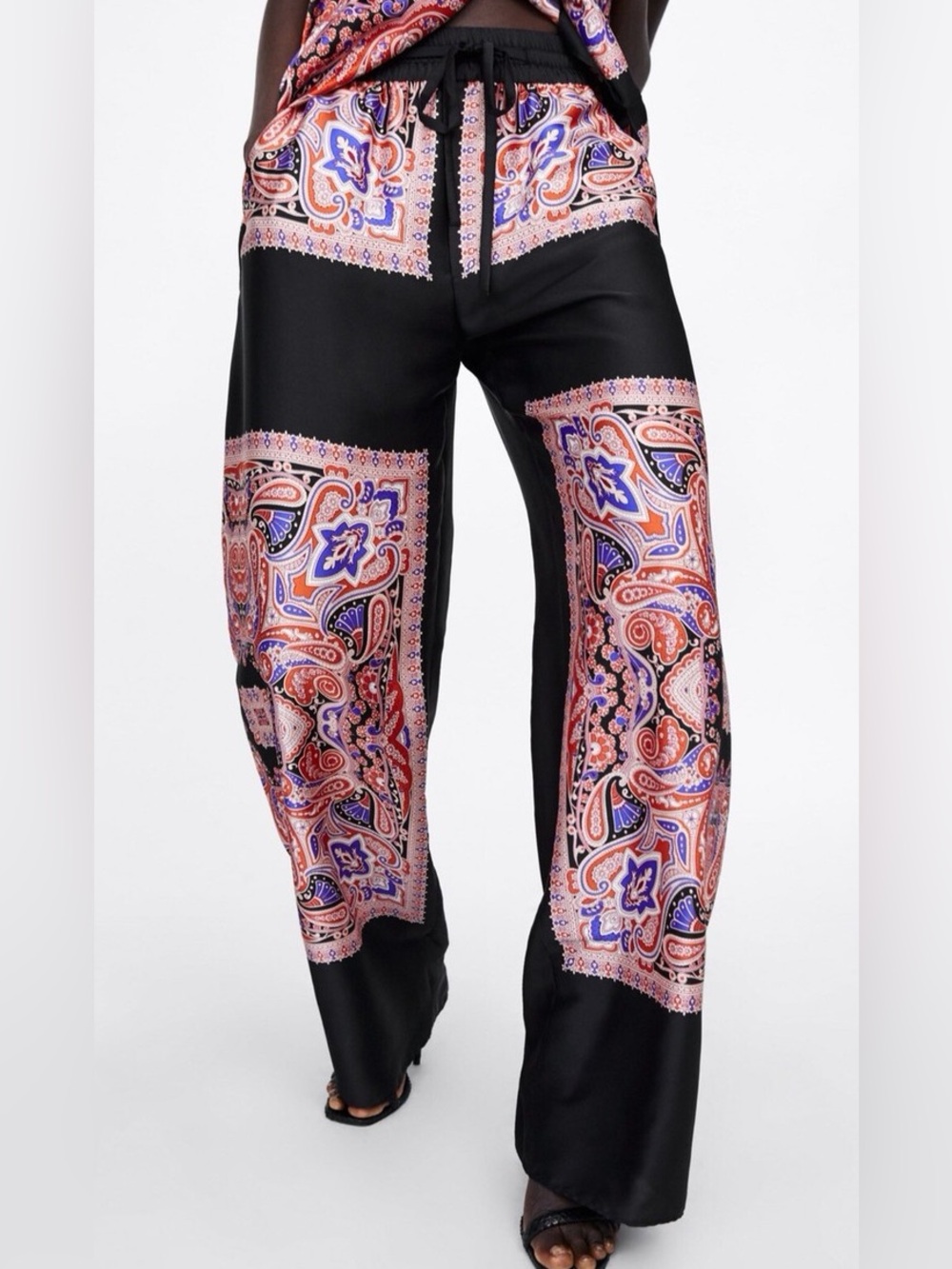 Zara Satin Scarf Print Wide Leg Drawstring Pants